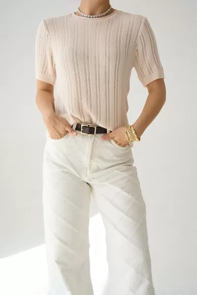 Kısa Kollu Bej Merserize Triko Bluz