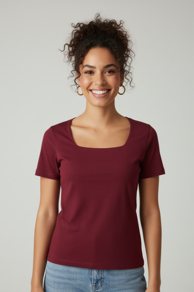 Kısa Kollu Kare Yaka Bordo Modal Kadın Tişört