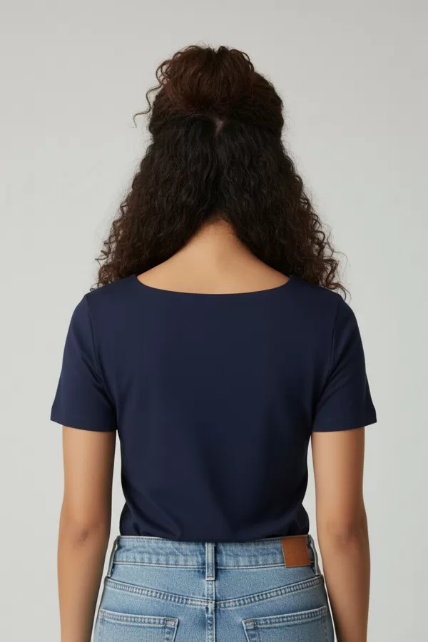 Kısa Kollu Kare Yaka Lacivert Modal Kadın Tişört