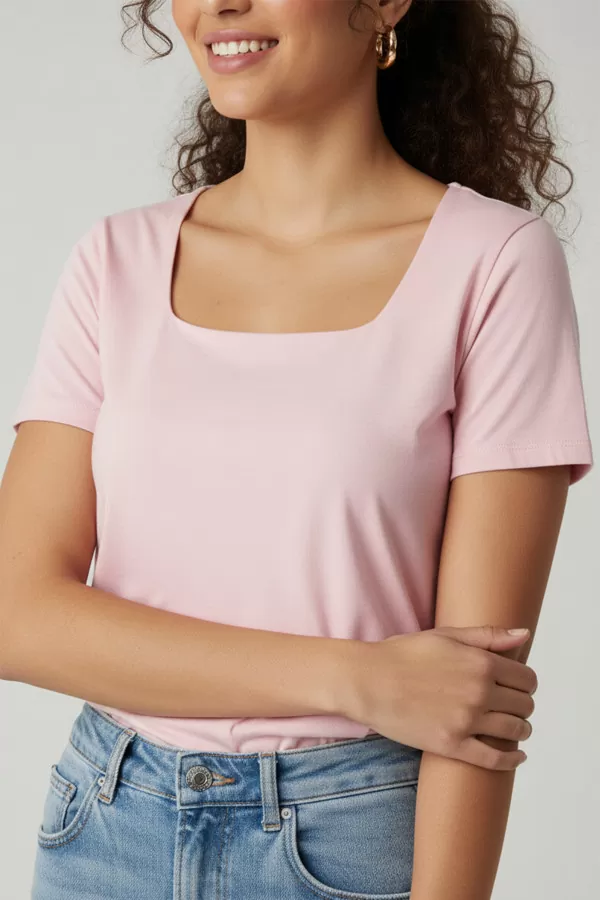 Kısa Kollu Kare Yaka Pembe Modal Kadın Tişört