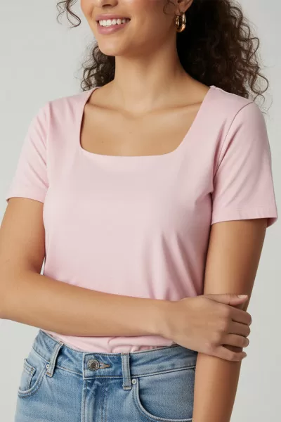 Kısa Kollu Kare Yaka Pembe Modal Kadın Tişört