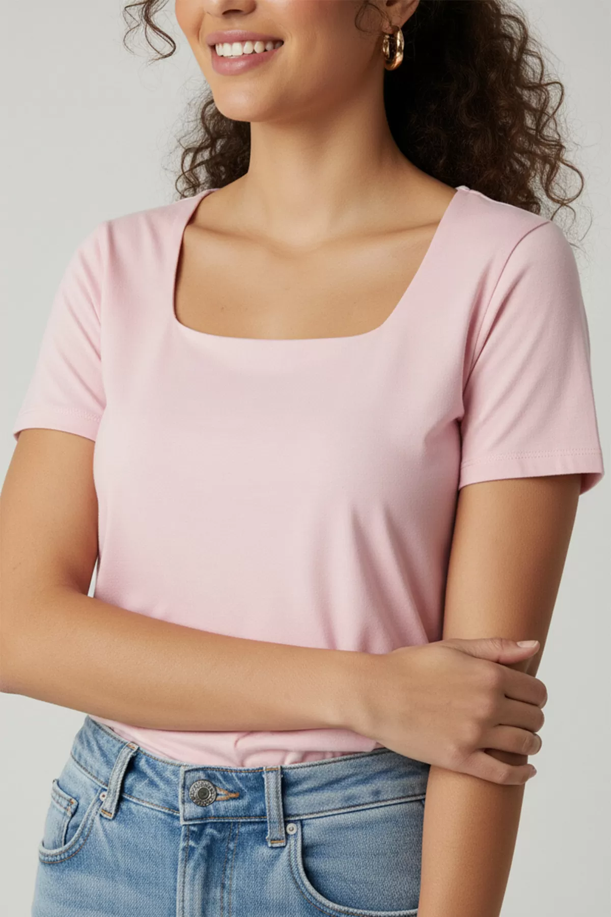 Kısa Kollu Kare Yaka Pembe Modal Kadın Tişört