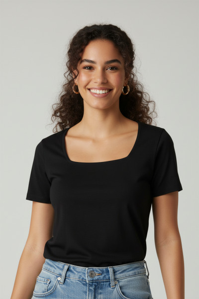 Kısa Kollu Kare Yaka Siyah Modal Kadın Tişört