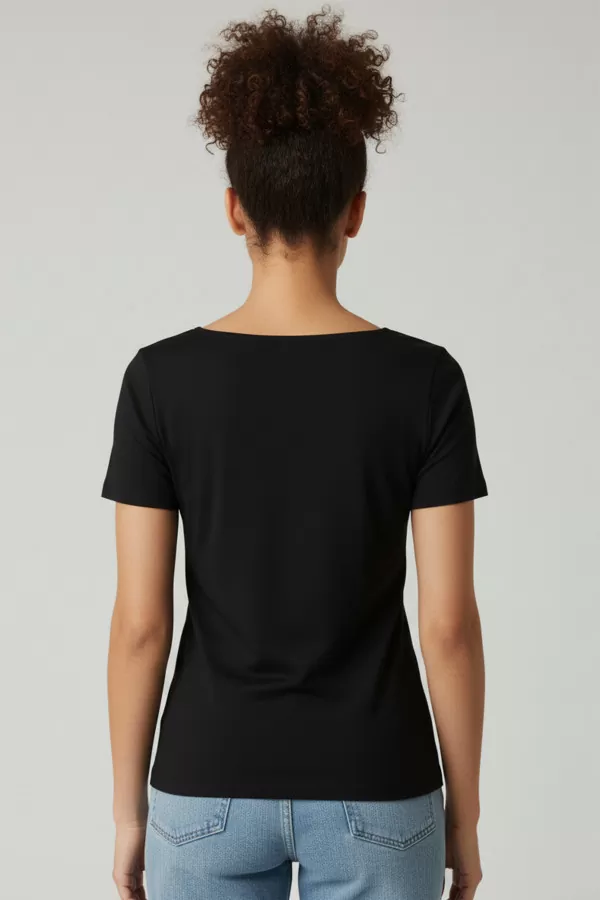 Kısa Kollu Kare Yaka Siyah Modal Kadın Tişört