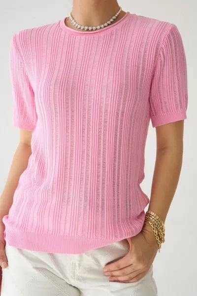 Kısa Kollu Pembe Merserize Triko Bluz