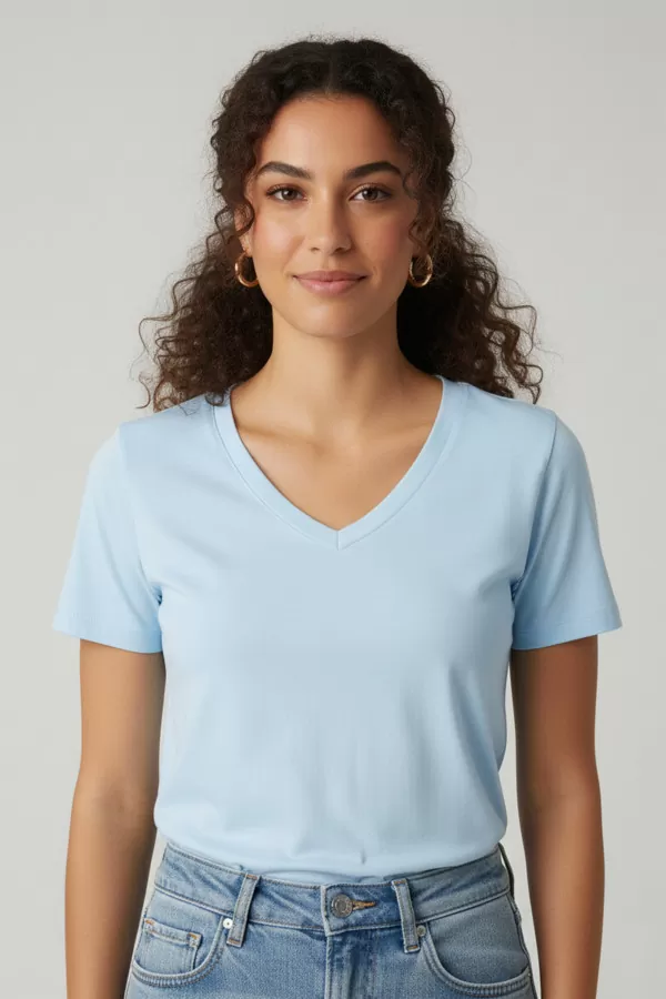 Kısa Kollu V Yaka Bebe Mavi Modal Kadın Tişört