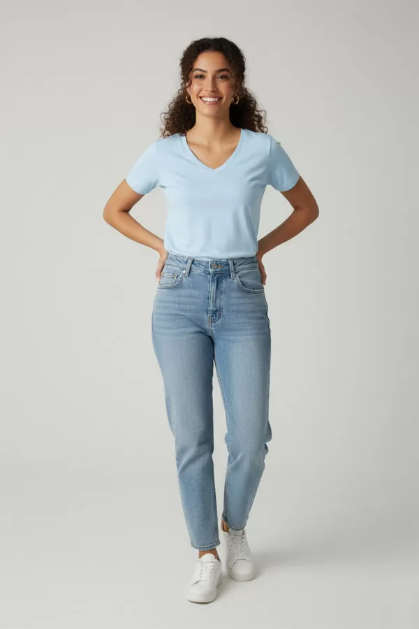 Kısa Kollu V Yaka Bebe Mavi Modal Kadın Tişört