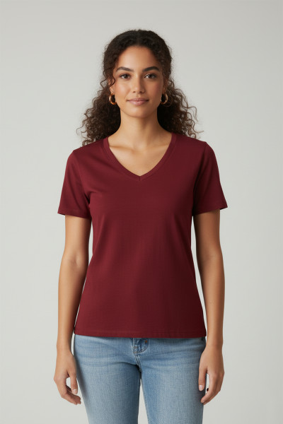 Kısa Kollu V Yaka Bordo Modal Kadın Tişört