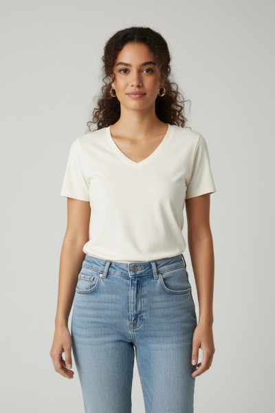 Kısa Kollu V Yaka Ekru Modal Kadın Tişört