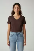 Kısa Kollu V Yaka Kahverengi Modal Kadın Tişört