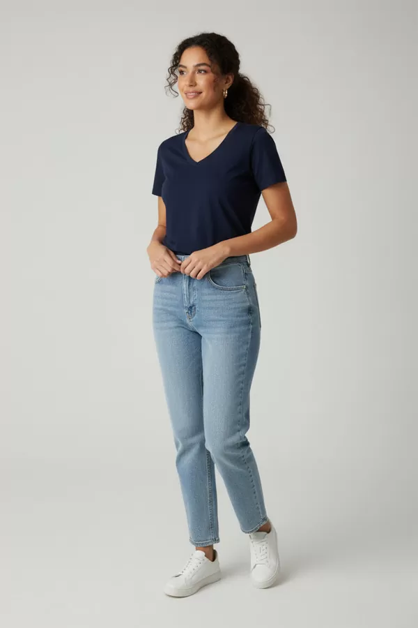 Kısa Kollu V Yaka Lacivert Modal Kadın Tişört