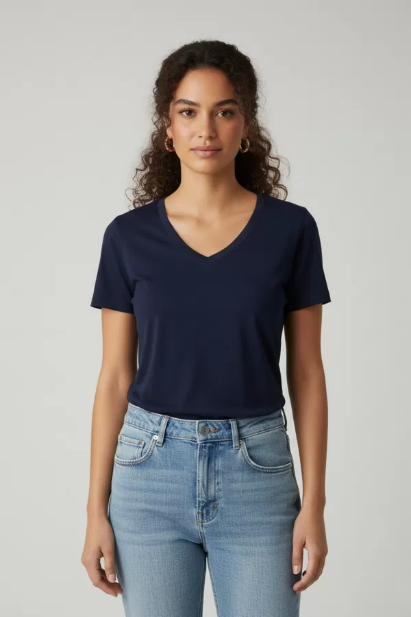Kısa Kollu V Yaka Lacivert Modal Kadın Tişört