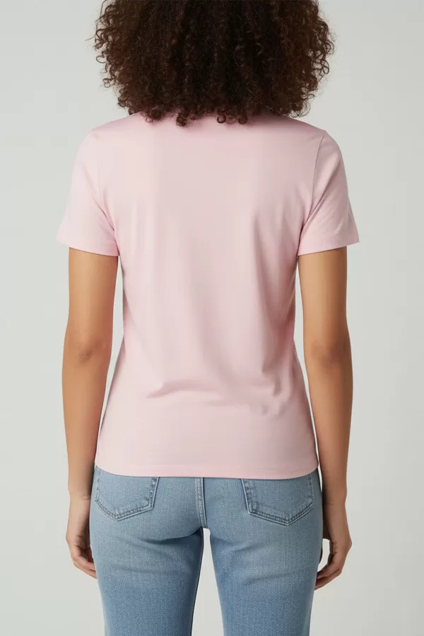 Kısa Kollu V Yaka Pembe Kadın Tişört