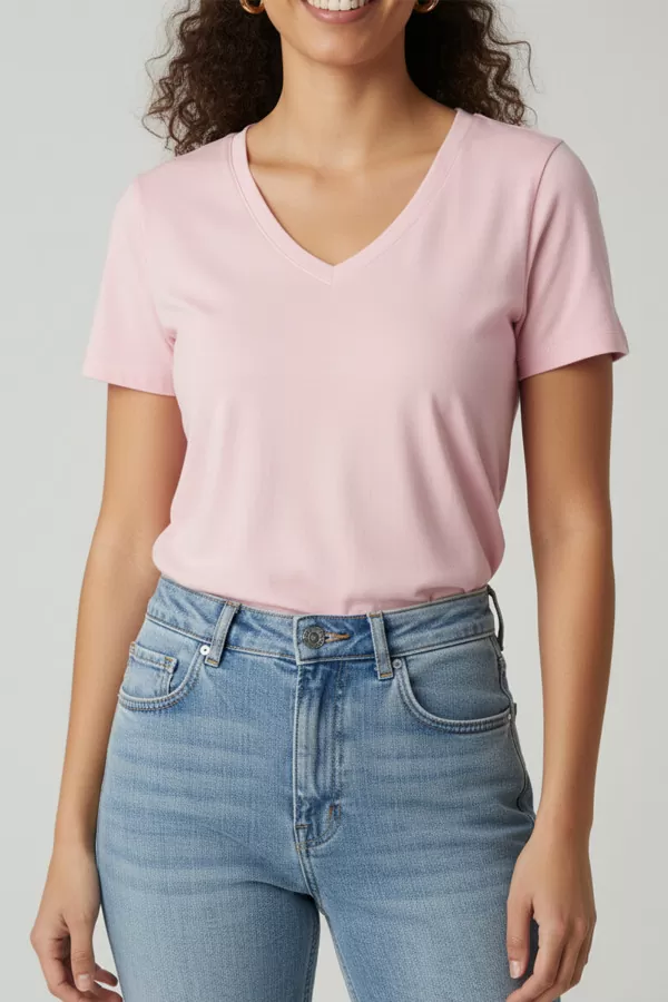 Kısa Kollu V Yaka Pembe Kadın Tişört