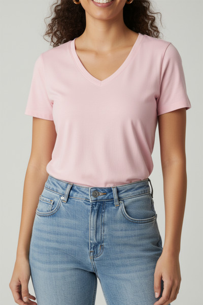 Kısa Kollu V Yaka Pembe Kadın Tişört