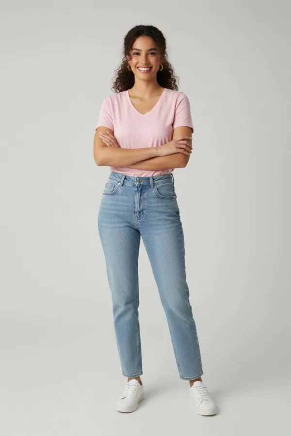 Kısa Kollu V Yaka Pembe Kadın Tişört