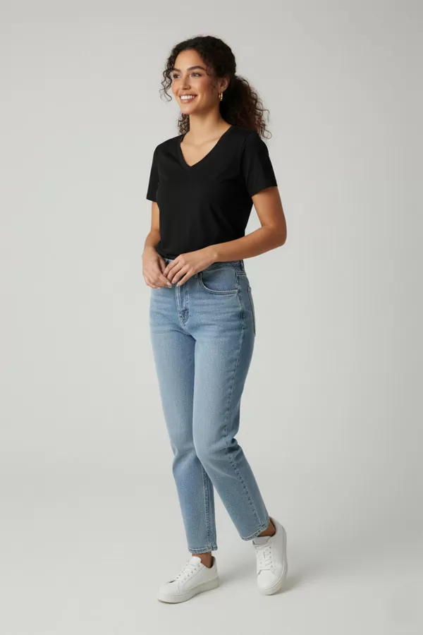 Kısa Kollu V Yaka Siyah Modal Kadın Tişört