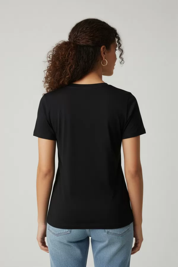 Kısa Kollu V Yaka Siyah Modal Kadın Tişört