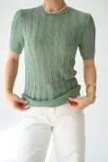 Kısa Kollu Yeşil Merserize Triko Bluz
