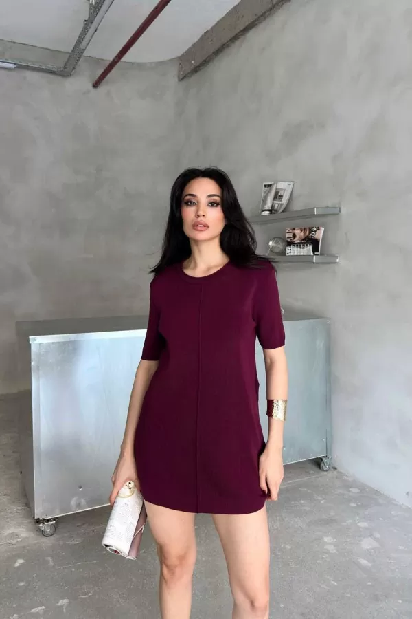 Koyu Bordo Triko Kısa Kollu Süper Mini Elbise