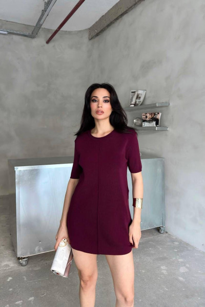 Koyu Bordo Triko Kısa Kollu Süper Mini Elbise