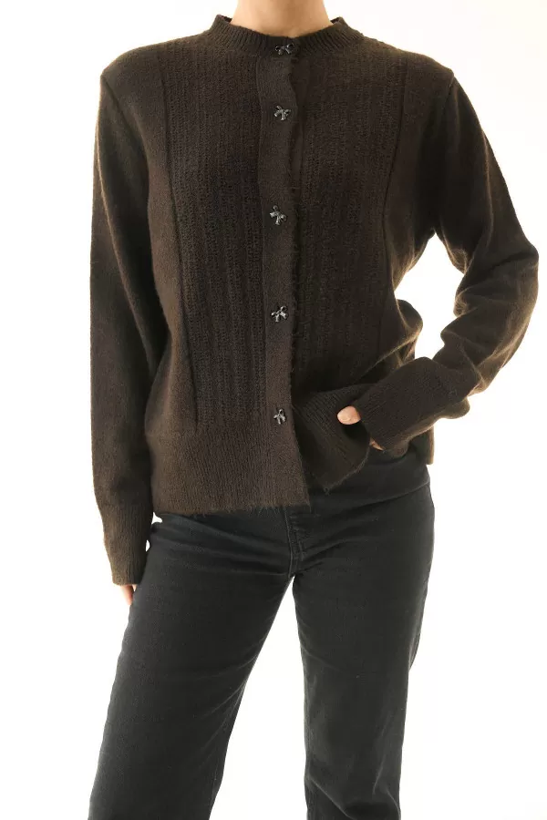 Koyu Kahverengi Yünlü Triko Kadın Hırka