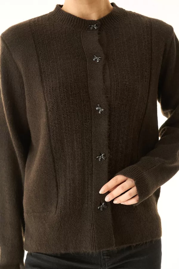 Koyu Kahverengi Yünlü Triko Kadın Hırka