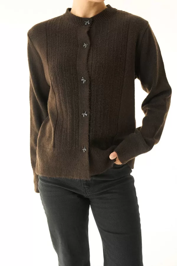 Koyu Kahverengi Yünlü Triko Kadın Hırka