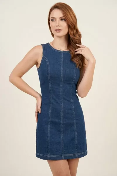 Koyu Mavi Denim Mini Elbise