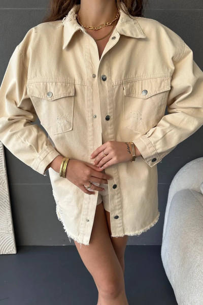 Krem Denim Kadın Ceket Gömlek