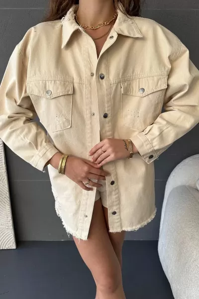 Krem Denim Kadın Ceket Gömlek