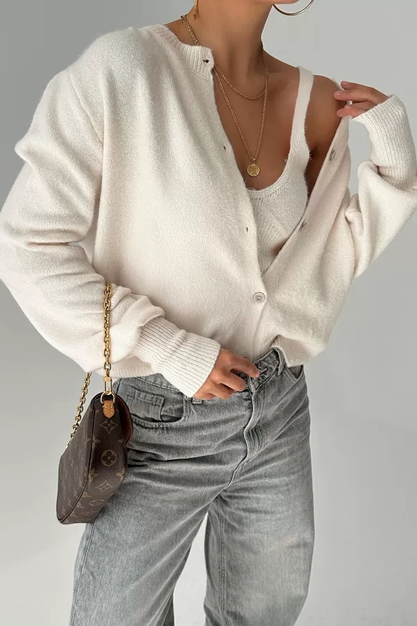 Krem Triko Hırka Atlet Kadın İkili Takım