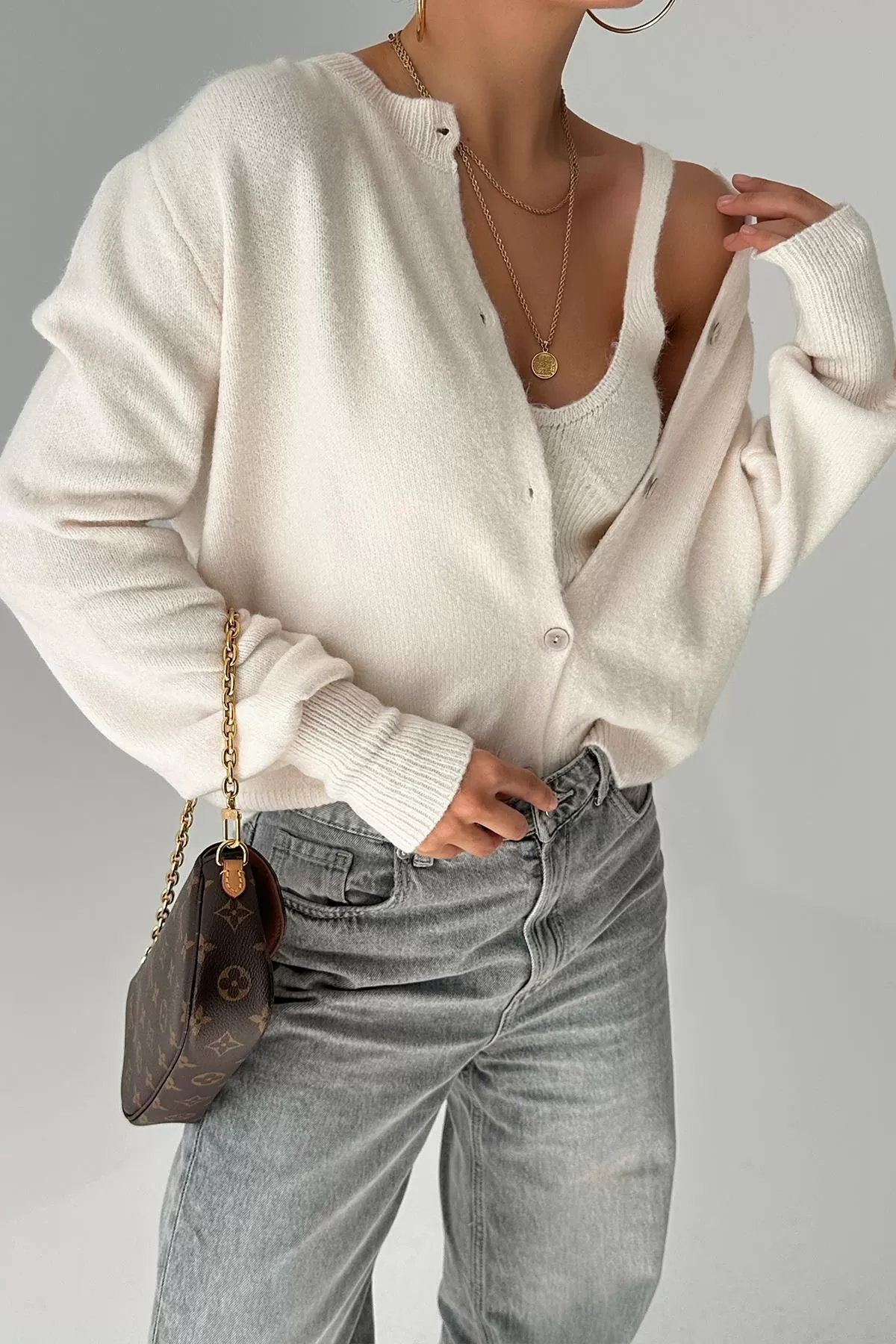 Krem Triko Hırka Atlet Kadın İkili Takım