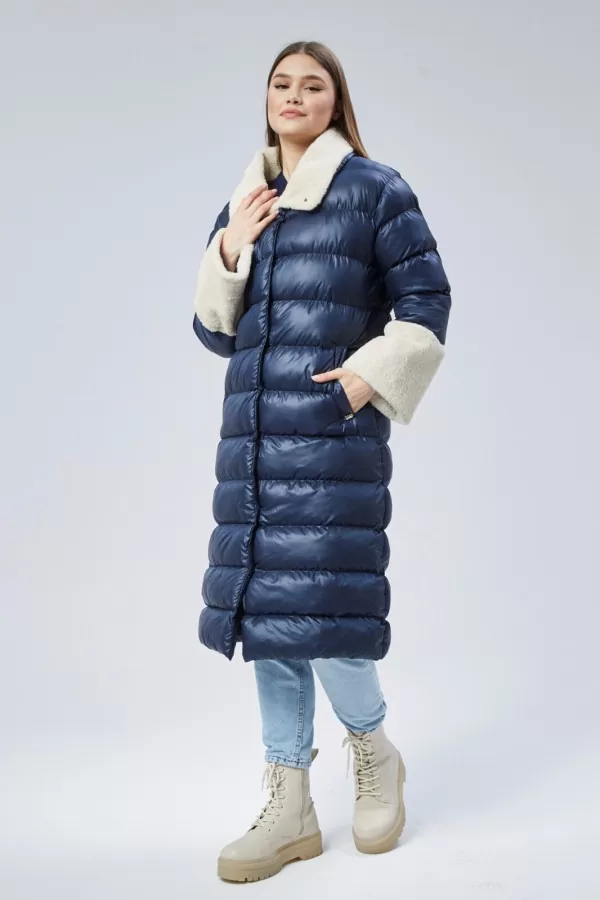 Kürklü Lacivert Kadın Kaban