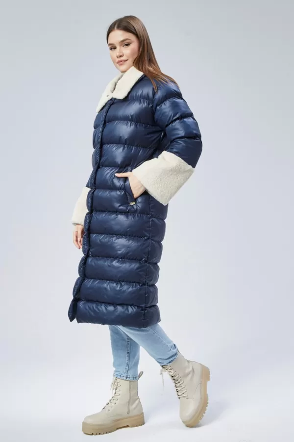 Kürklü Lacivert Kadın Kaban