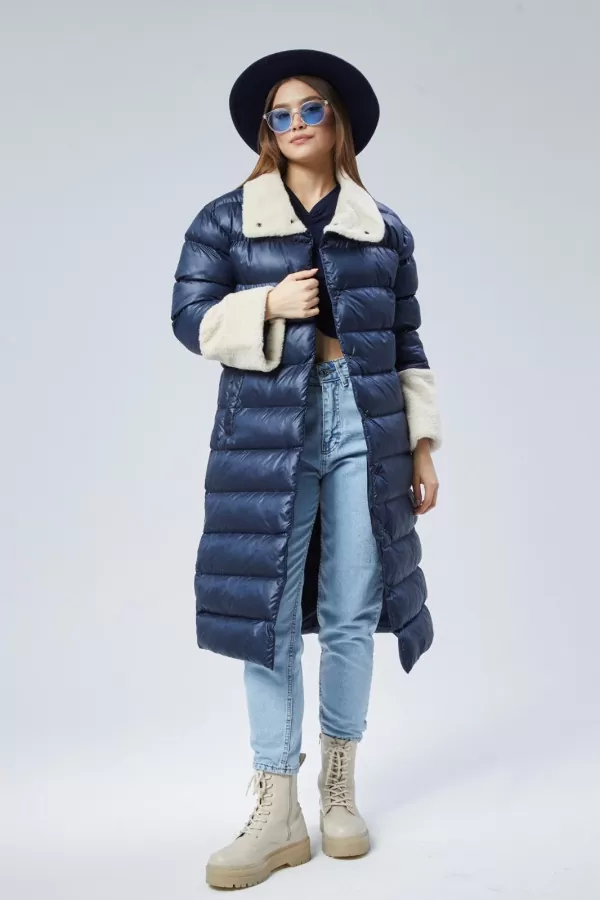 Kürklü Lacivert Kadın Kaban