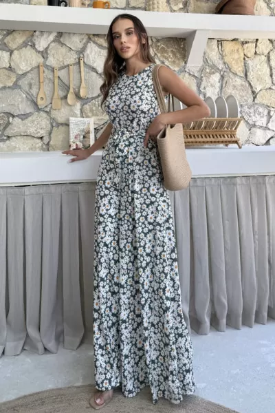 Kuşaklı Papatya Desenli Tulum