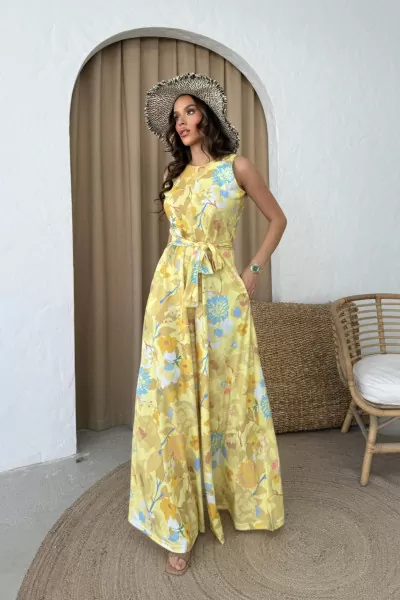 Kuşaklı Sarı Floral Desenli Tulum