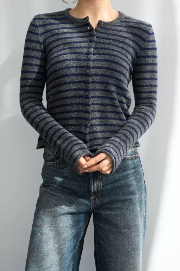 Lacivert Antrasit Çizgili Triko Kadın Hırka