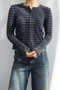 Lacivert Antrasit Çizgili Triko Kadın Hırka