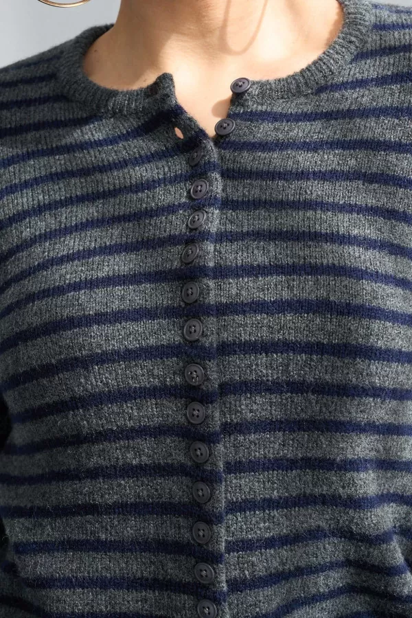 Lacivert Antrasit Çizgili Triko Kadın Hırka