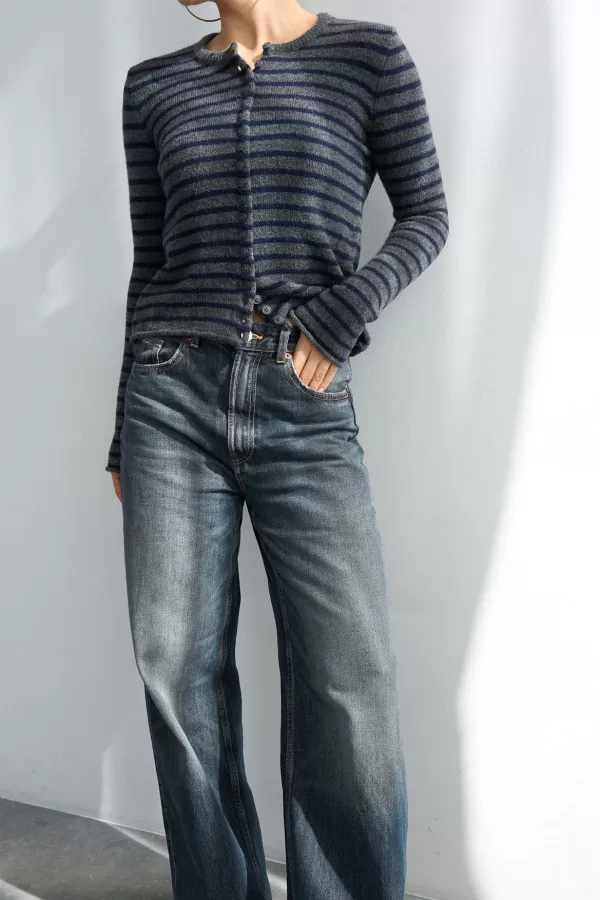 Lacivert Antrasit Çizgili Triko Kadın Hırka