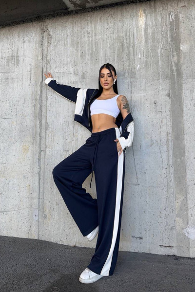 Lacivert Beyaz Renk Bloklu Kadın Eşofman Takımı
