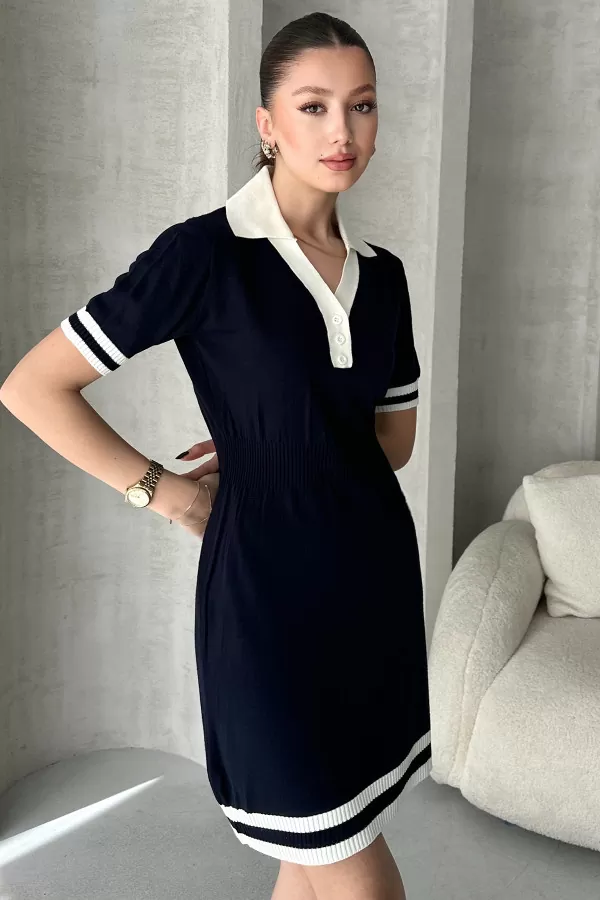 Lacivert Beyaz Triko Gömlek Yaka Kısa Elbise