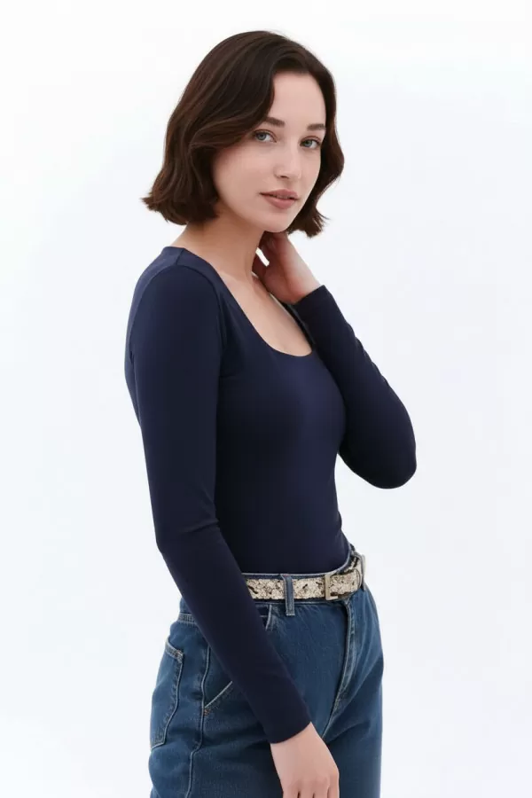 Lacivert Buzzy Kumaş Kare Yaka Body