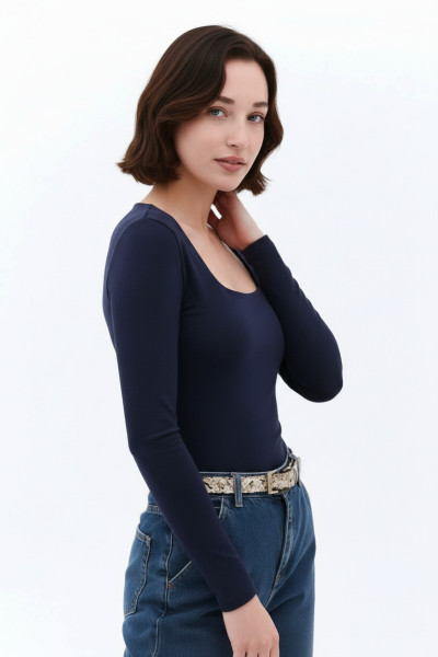 Lacivert Buzzy Kumaş Kare Yaka Body