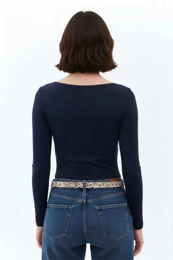 Lacivert Buzzy Kumaş Kare Yaka Body