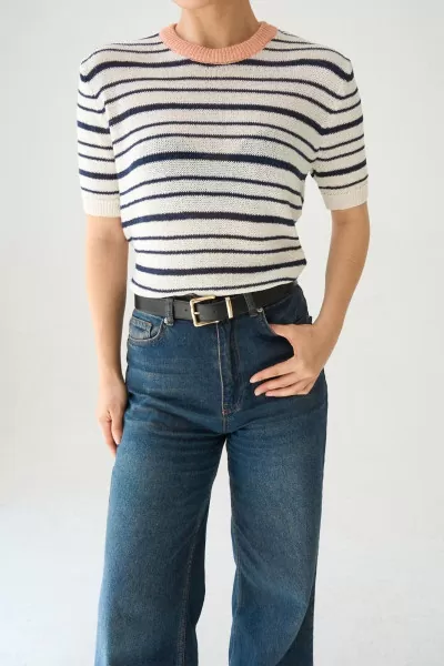 Lacivert Çizgili Ekru Merserize Triko Bluz