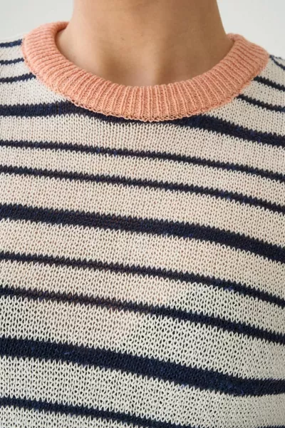 Lacivert Çizgili Ekru Merserize Triko Bluz