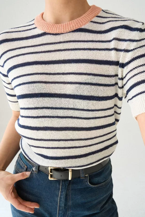 Lacivert Çizgili Ekru Merserize Triko Bluz